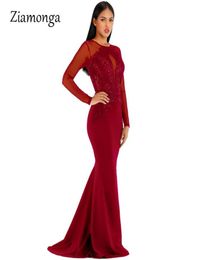 Casual Dresses Ziamonga Red Black Sequins Evening Mermaid Long Dress Women Elegant Tight Sexy Sheer Mesh Sleeve Lady Club Party Ma9638043