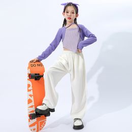 Kids Teen Streetwear Outfits Hip Hop Clothing Tank Crop Sweatshirt Tops Baggy Pants For Girl Jazz Dance Costume Showing Clothes