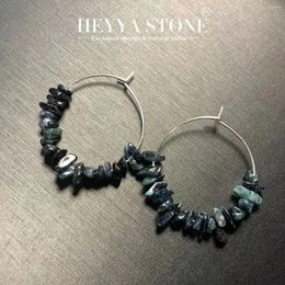 Hoop Earrings HEYYA STONE Natural Blue Tourmaline Simple Classic Round Circle Gemstone Jewelry Handmade Stainless Steel