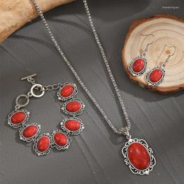 Necklace Earrings Set 3PCS Vintage Antique Silver Natural Red Stone Jewelry Pendant Bracelet Drop For Woman Retro Style