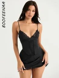 Casual Dresses BOOFEENAA Sexy Lingerie Slip Dress Black Silky Satin Bandage Corset Deep V Backless Bodycon Mini Women Clubwear C69-DZ13