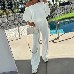 Women's Two Piece Pants LIYONG 2024 Women Set Casual Solid White Off Shoulder Long Lantern Sleeve Loose Wide Legs Sets Streetwear