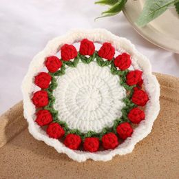 Table Mats Round Knitted Strawberry Place Mat Pad Crochet Placemat Cup Tea Handmade Wedding Kitchen