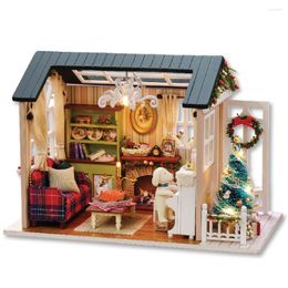 Decorative Figurines DIY Christmas Miniature Dollhouse Kit Realistic Mini 3D Wooden House Room Craft With Furniture LED Lights Children's