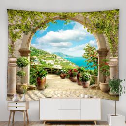 Mediterranean Scenery Tapestry Seaside Garden Nature Landscape Fabric Home Bedroom Living Room Patio Balcony Decor Wall Tapestry