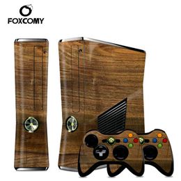DATA FROG 3D Brown Wood Custom Vinyl Console Cover For Microsoft Xbox 360 SLIM Skin Stickers Controller Protective For XBOX360 S