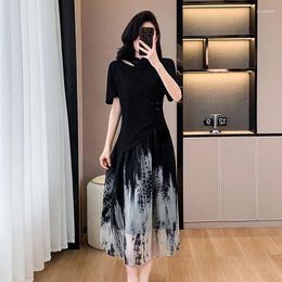 Work Dresses Summer Two-piece Set For Women Vintage T-shirt Tops And Printed Skirt Female Large Size 4XL Black Chinese Elegant Matching