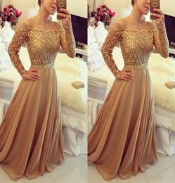 2019 New Design Evening Gowns Golden Off Shoulder Long Sleeve Chiffon A Line PArty Prom Dresses Custom Made 1423199