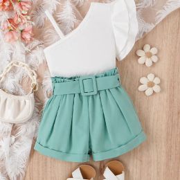 Korean Children's Clothing Suit 2023 Summer Diagonal Shoulder Ruffled Edge Sling Strap+Denim Trendy Shorts+Waist Pack Kids Sets