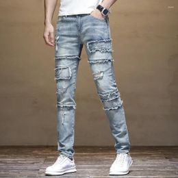 Men's Jeans 2024 Retro Distressed Ripped Patch Stretch Slim Fit Stitching Straight Nostalgic High Street Motorcycle Pants