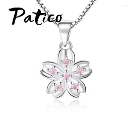 Pendant Necklaces Women Fashion Pink Cubic Zirconia Flower 925 Sterling Silver Needle Top Quality Charm Statement