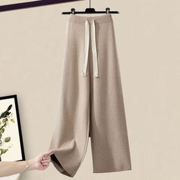 Large Women's Autumn Suit 2022 New High Neck Split Knitted Sweater Loose Wide Leg Pants Two Piece Elegant Women's Pants Set