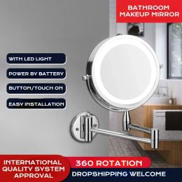 LED Bathroom Mirror 5X Amplify Round Wall-mounted Touch On Makeup Mirror Retractable Beauty Mirrors with Lights