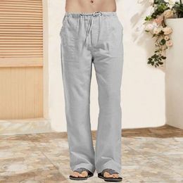 Men's Pants Elastic Waist Sweatpants Cotton Linen Casual Trousers With Pockets For Travel Beach School Men