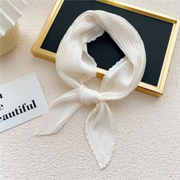 Women Pleated Satin Scarf Headscarf Neckerchief Skinny Ribbon Square Hair Tie Band Kerchief Satin Foulard Scarves Decorative 240407