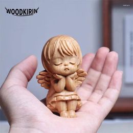 Decorative Figurines Wooden Little Angel Characters Statue Cute Solid Wood Carving Home Room Office Car Art Sculpture Small Gift