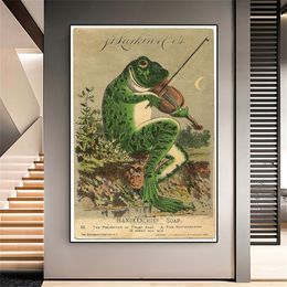 Vintage Poster A Frog Playing Banjo In The Moonlight Canvas Painting Colorful Wall Art Print Picture for Bedroom Home Decor Gift