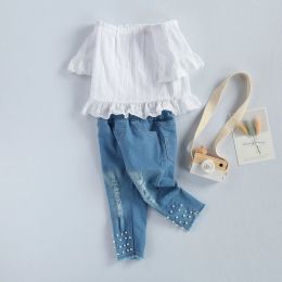 Trousers 16y Toddler Kids Baby Girls Clothes Sets White Tops Tshirt Denim Long Pants Jeans Outfits Set