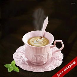 Cups Saucers Elegant Pink Coffee Cup Saucer Spoon Set Europe Princess Ceramic Tea 180ml Top Porcelain Teacup Cafe Teatime Drinkware