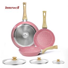 Innerwell 3Pcs Kitchen Frying Pan Sets Glass Lid Nonstick Toxin Free Cooker Breakfast Sandwich Steak Omelette Stir Fry Gourmet Pot