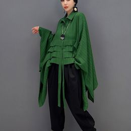 Batwing Sleeve Draped Woman Casual Top Oversized Loose Fit Green Irregular Tunic Blouse Japanese Style Large Shirt Blusa JJXS043