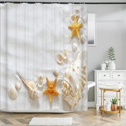 Seaside Scenic Sea Beach Shells Printed Shower Curtain Bathroom Curtains Frabic Waterproof Polyester Bath Curtain with Hooks