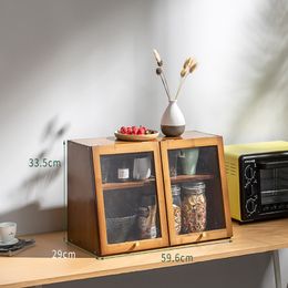 Solid Wood Glass Sideboard Kitchen Countertop Cupboard Sliding Door Storage Cabinet Double-door Multi-layer Storage Sideboards