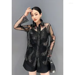 Women's Blouses 2024 Spring Summer Mesh Long Sleeved Shirt Women Heavy Industry Rolled Diamond Perspective Top Fashionable LX306