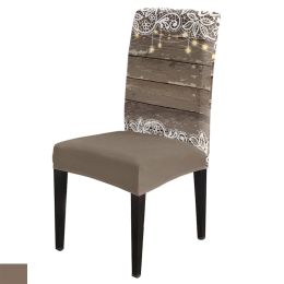 Brown Plank Lace Dining Chair Covers Spandex Stretch Seat Cover for Wedding Kitchen Banquet Party Seat Case