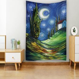 Landscape oil painting art printing tapestry, cartoon, star, moon, night, hippie room decoration, fantasy fabric wall hanging