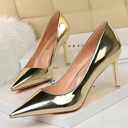 Dress Shoes Women Mteallic Patent Bronze Leather Pumps 7.5cm 10.5cm High Heels Lady Stiletto Middle Low Wedding Bridal Silver