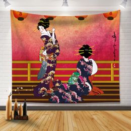 Japan Tapestry Young Geisha In Kimono with Sakura Traditional Oriental Costume Makeup Wall Hanging Curtain Bedroom Home Decor