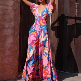 Casual Dresses Elegant Wear Dress For Women Summer Frocks Vintage Kaftan Sexy Bodycon 2024 Cape Tunic Long Printed V Neck Ruffle Sleeve