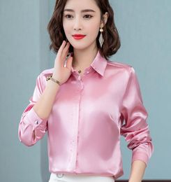 Satin Silk Shirts Women spring Autumn Long Sleeve Elegant Work Wear Tops Korean Fashion White Blue Black Blouse Shirt4446796
