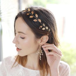 Vintage Bridal Leaf Pearls Vine Gold Colour Leaves Headband Wedding Headpiece Tiara Woman Hair Jewellery Accessories For Banquet