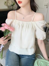 Women's Blouses Apricot One-line Strap Puffy Sleeve Doll Shirt Female Summer 2024 Short-sleeved Top