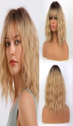 Synthetic Wigs Medium Length Ombre Golden Blonde Water Wave With Air Bangs Lolita Cosplay For WhiteBlack Women9400116