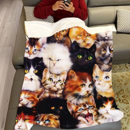 Cute Animal Cats Blanket Fleece Plush Throw Blankets Warm Bedspread Shawl for Bed Sofa Kitten Print Blanket Flannel Soft Cosy