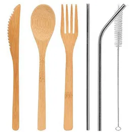 Dinnerware Sets 6 Pcs/ Set Reusable Bamboo Cutlery Portable Tableware Wooden Fork Spoon Knife With Bag For Travel Utensi