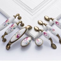 1PCs Ceramic Cabinet Knobs Handles China Flower Furniture Hardware Vintage Ceramic Knob Metal Retro Handle Pull Button