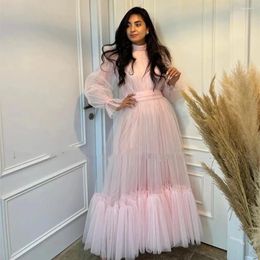 Party Dresses Sweet Baby Pink Prom Arbia Dubai High Neck Formal Evening Gowns Long Puffy Sleeves Wedding Guest Robe 2024