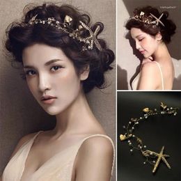 Headpieces Handmade Pearls Bridal Wedding Starfish Star Headbands Metal Clear Crystal Rhinestone Leaf Tiaras Crown For Women Hair Jewelry