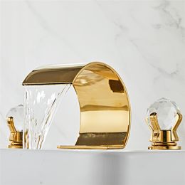 Tuqiu Gold Bathroom Faucet Widespread Sink Tap Brass Faucet Bathroom Sink Faucet 3 Hole Crystal Handle Hot And Cold Water Tap