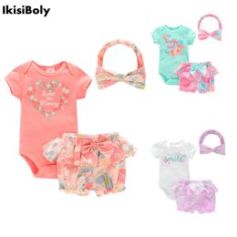 Trousers Girl Baby Bodysuits 312M Short Sleeve Rompers Kids Summer 3 Pack Headwear Pants Set for Toddlers Free Shipping Onesies Costume