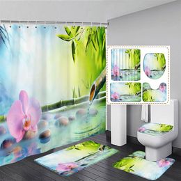 Zen Shower Curtain Set Green Bamboo Purple Flower Black Massage Stone Swan Nature Landscape Bathroom Decor Bath Mat Toilet Cover