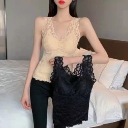 Winter Velvet Thickened Undershirt Women Solid Slim Sexy Lace Thermal Underwear Camisole Warm Sling Vest Top Bottoming Clothing