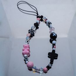 Black Cross Phone Charms Pink Bear Beads Mobile Phone Chain Women Girls Acrylic Flower Cellphone Lanyard Telephone Strap Jewellery