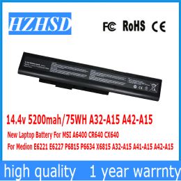 Batteries 14.4v 5200mah/75WH A32A15 A42A15 New Laptop Battery For MSI A6400 CR640 CX640 For Medion E6221 E6227 P6815 P6634 X6815