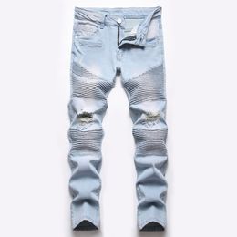 Boys Motorcycle Ripped Straight Stretch Light Blue Jeans European American Kids Casual Dnim Pants For Seasons