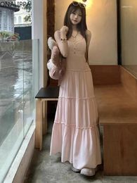 Casual Dresses Onalippa Beach Style Pink Maxi For Women Wood Ear Hem High Waist Cake Dress Korean Sweet Chic Solid Low Neck Vestidos